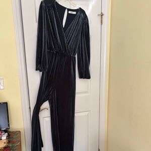 Blue Velvet Jumpsuit with V-Neck